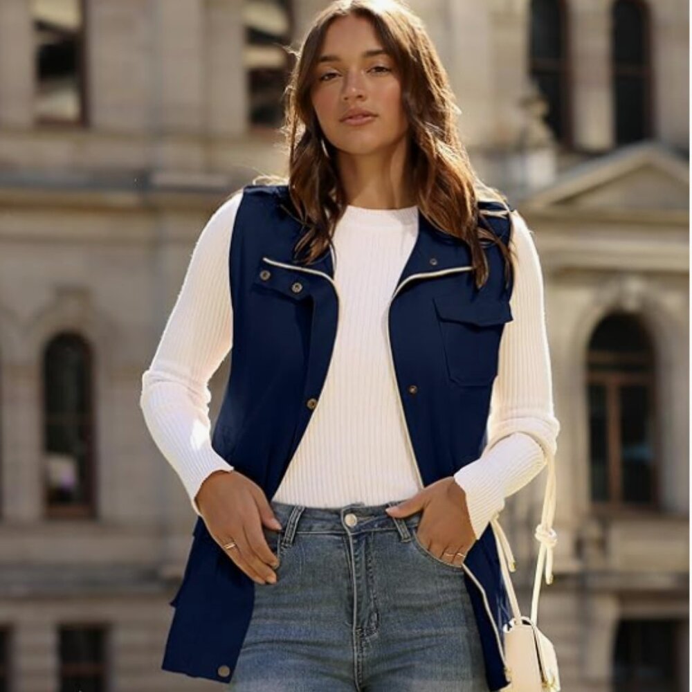 Beyove Womens Navy Blue Lightweight Sleeveless Military Anorak Cargo Vest-Medium